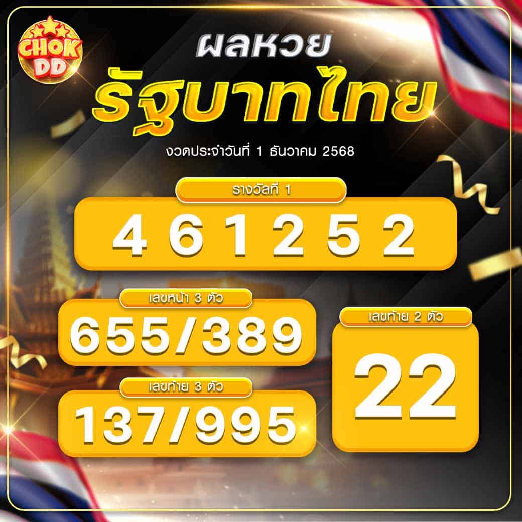 ผลหวยรัฐบาลไทย วันที่ 01/12/2568