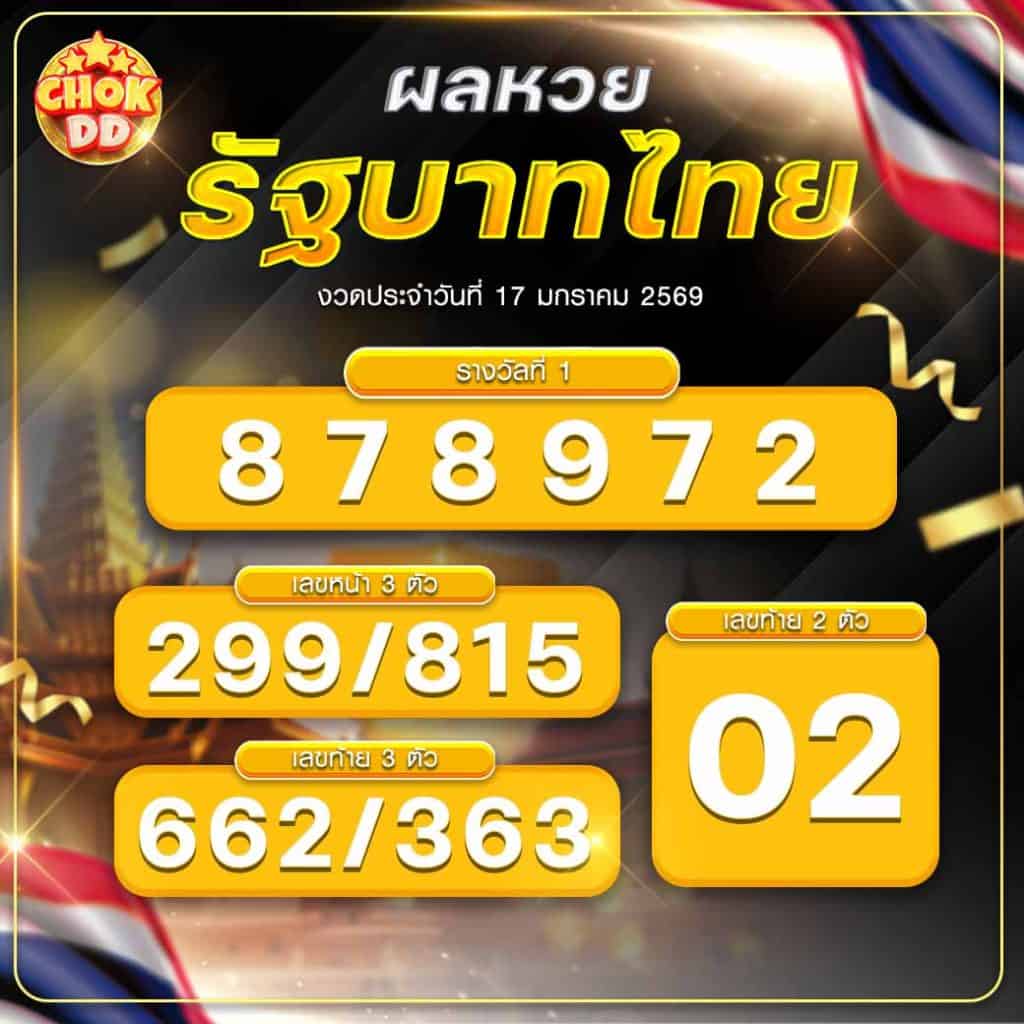 ผลหวยรัฐบาลไทย วันที่ 17/01/2569